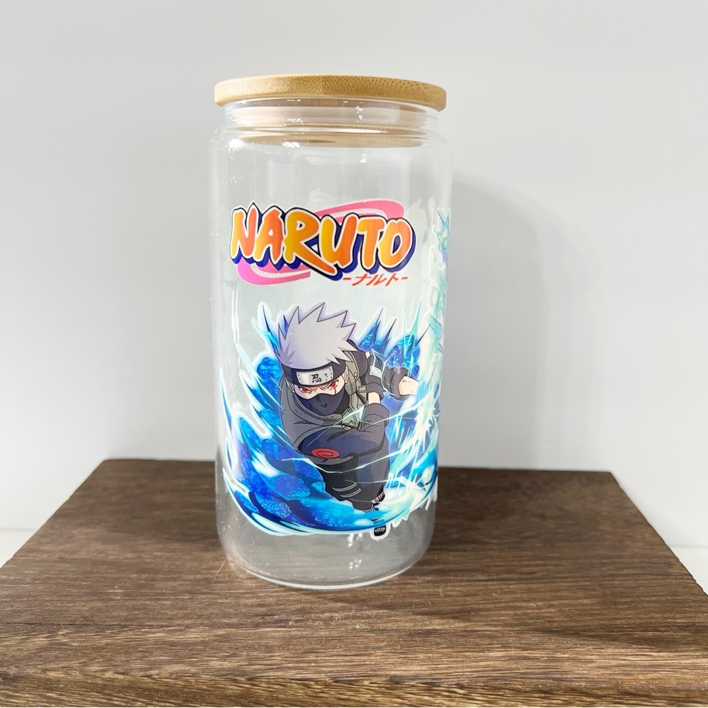 Naruto Themed Libbey Glass Can with Bamboo Lid and Straw